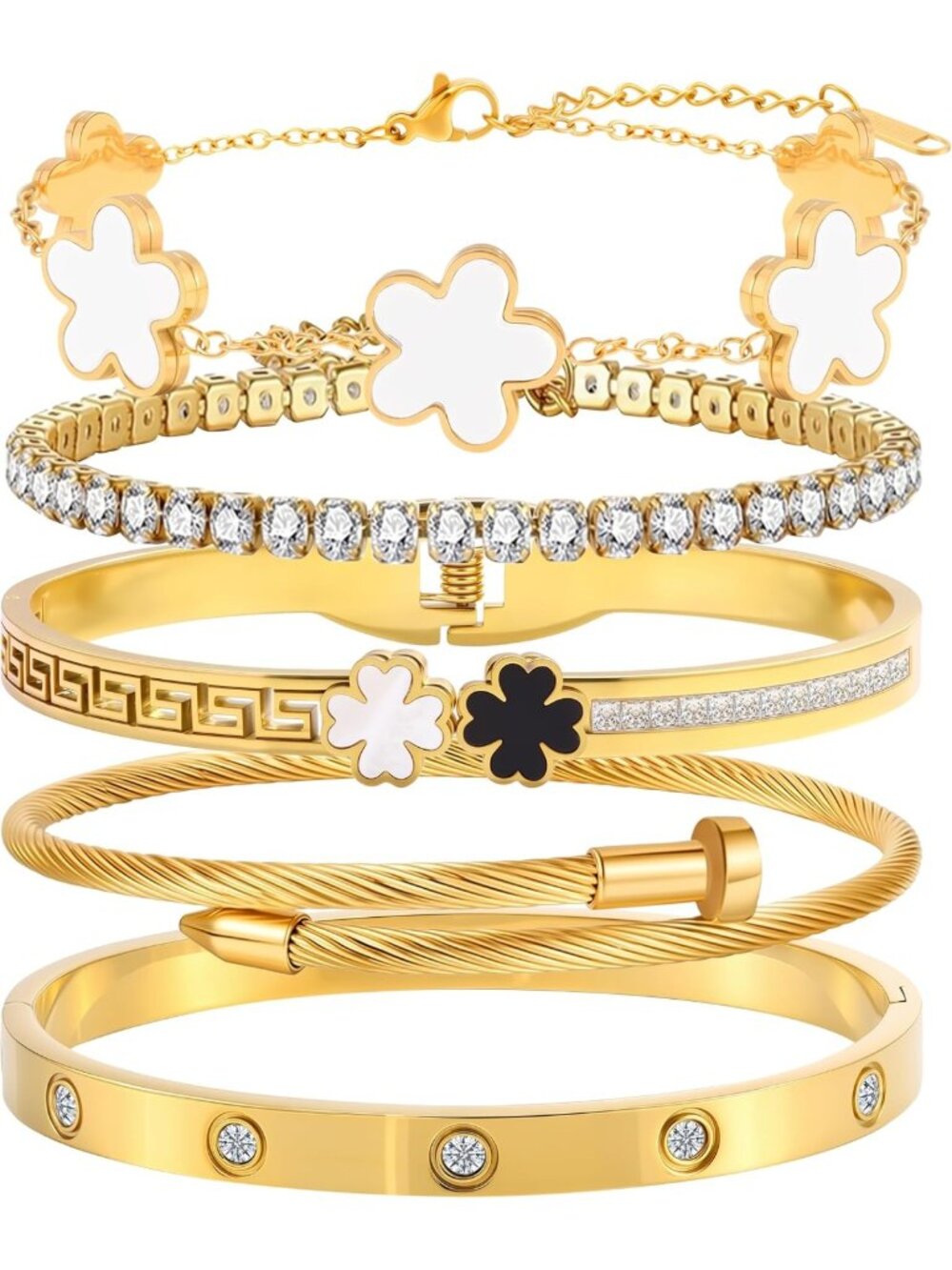 Trendy Silver Stackable Bangle Bracelets for Women - Non-Tarnish Clover Charm